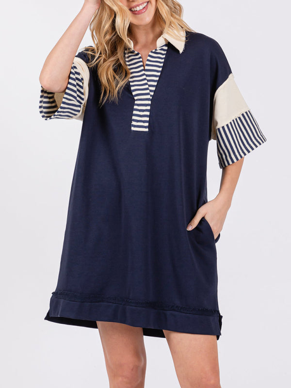 Evie Cotton Striped Solid Color Polo Lapel Loose T-shirt Short Skirt
