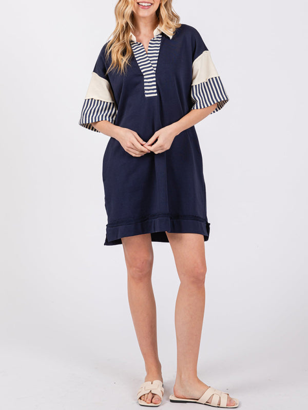 Evie Cotton Striped Solid Color Polo Lapel Loose T-shirt Short Skirt