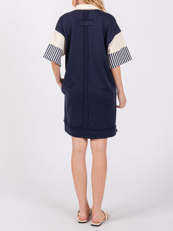 Evie Cotton Striped Solid Color Polo Lapel Loose T-shirt Short Skirt
