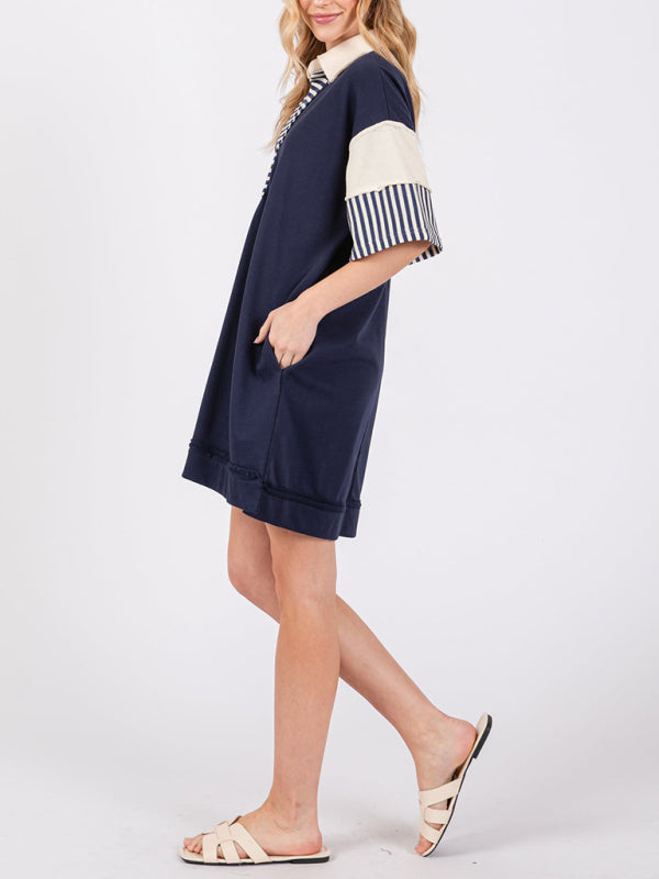 Evie Cotton Striped Solid Color Polo Lapel Loose T-shirt Short Skirt