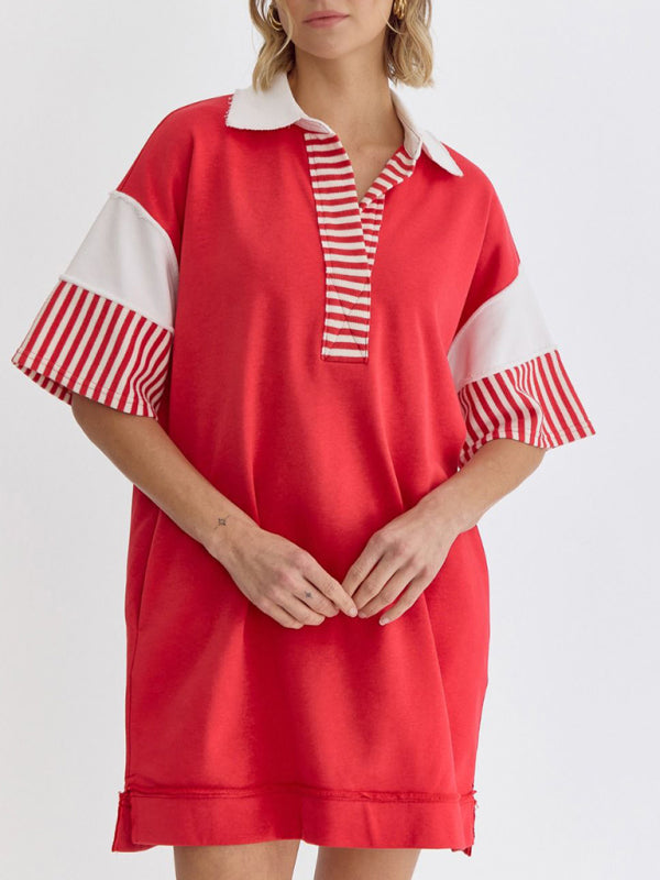 Evie Cotton Striped Solid Color Polo Lapel Loose T-shirt Short Skirt
