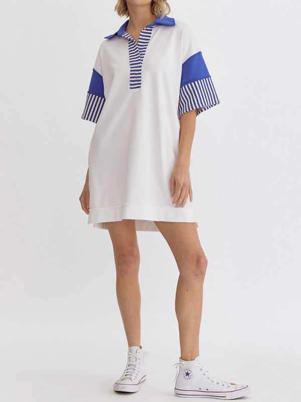 Evie Cotton Striped Solid Color Polo Lapel Loose T-shirt Short Skirt