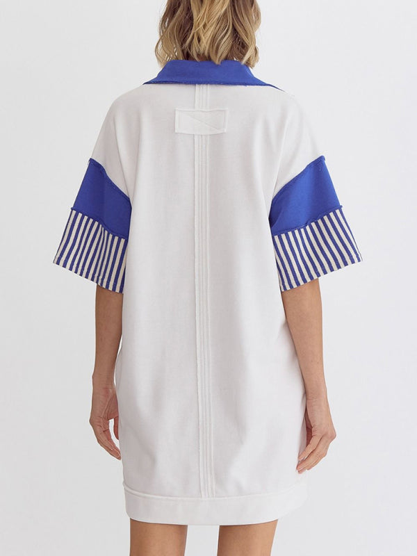 Evie Cotton Striped Solid Color Polo Lapel Loose T-shirt Short Skirt