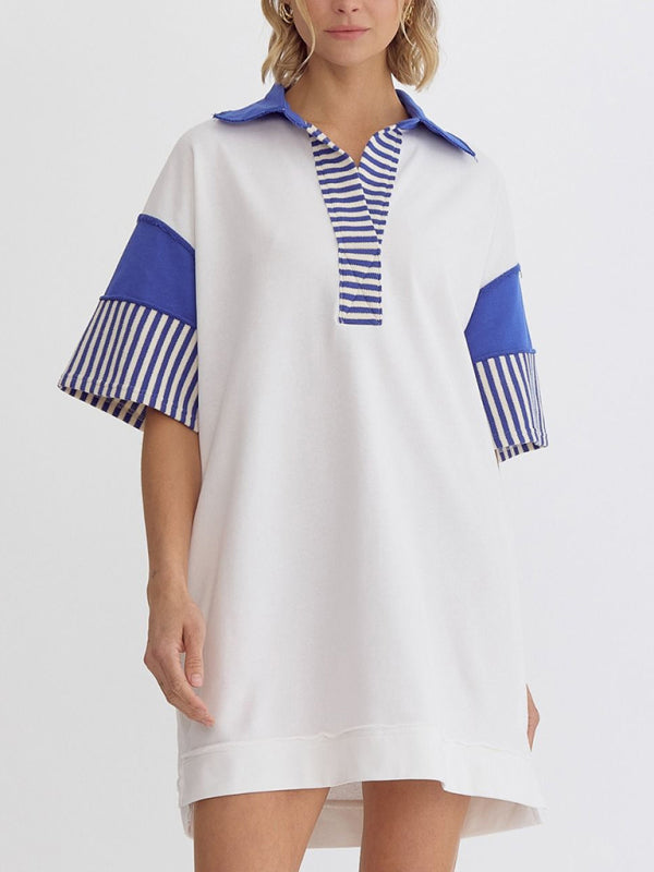 Evie Cotton Striped Solid Color Polo Lapel Loose T-shirt Short Skirt