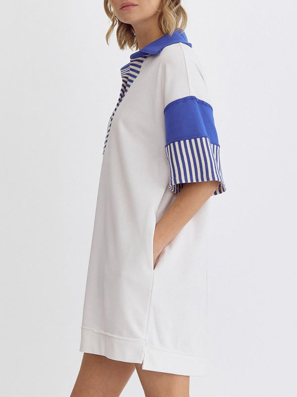 Evie Cotton Striped Solid Color Polo Lapel Loose T-shirt Short Skirt