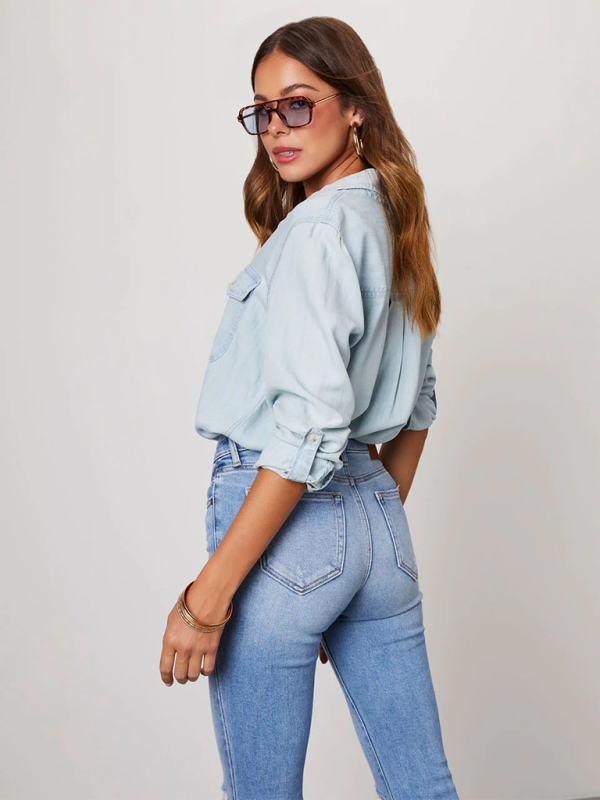 Yasmin Casual Lapel Single-Breasted Long-Sleeved Denim Shirt