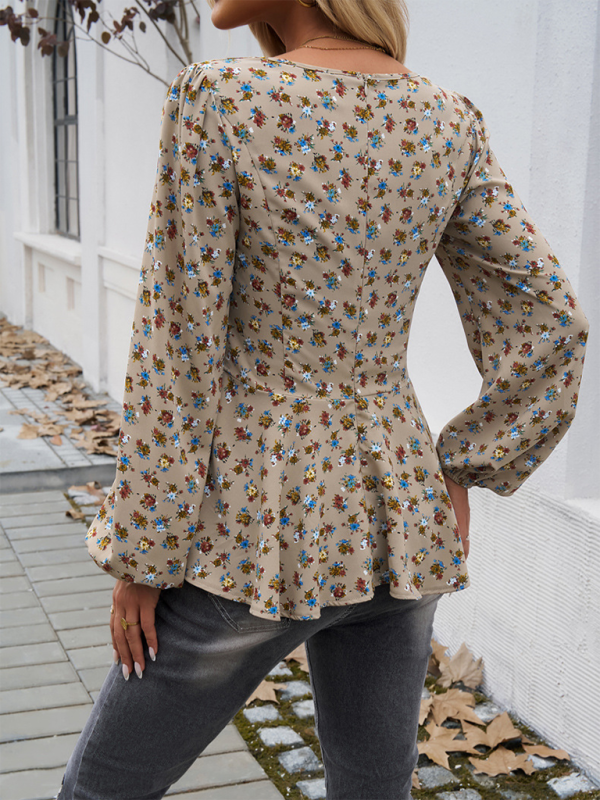 Camdyn Puff Sleeve Forest Style Elegant Floral Long Sleeve Top