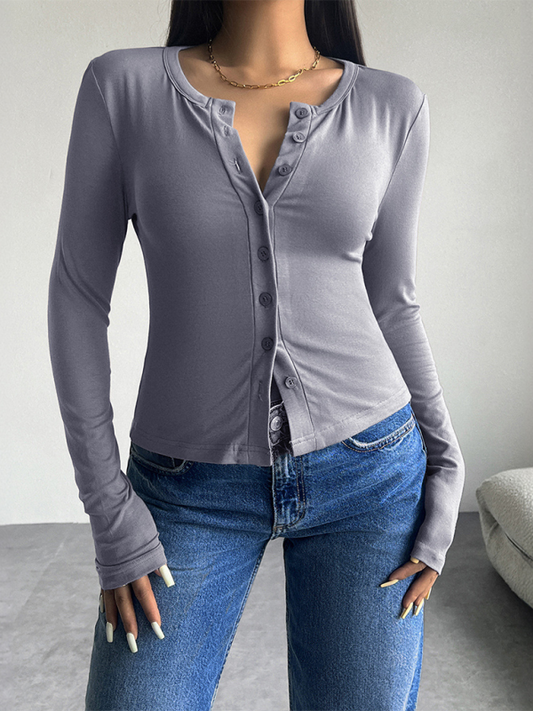 Indigo Solid Color Cardigan Button-Down Long Sleeve T-Shirt