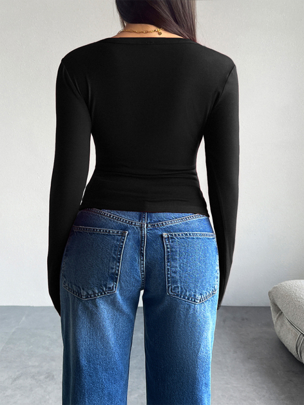 Indigo Solid Color Cardigan Button-Down Long Sleeve T-Shirt