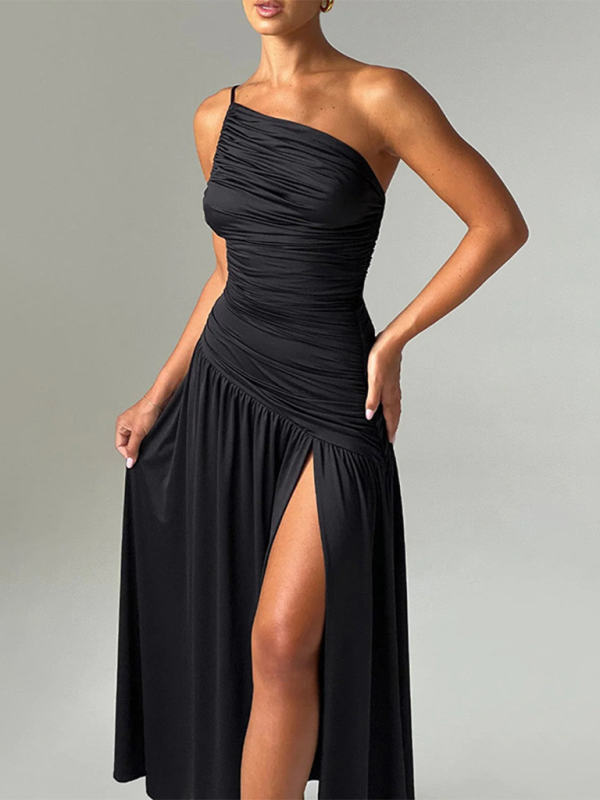 Maleah Strapless Off-Shoulder Gathered Slit A-Line Dress