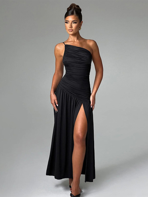 Maleah Strapless Off-Shoulder Gathered Slit A-Line Dress
