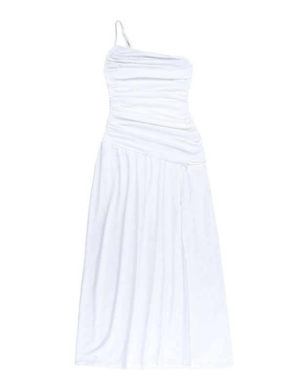 Maleah Strapless Off-Shoulder Gathered Slit A-Line Dress