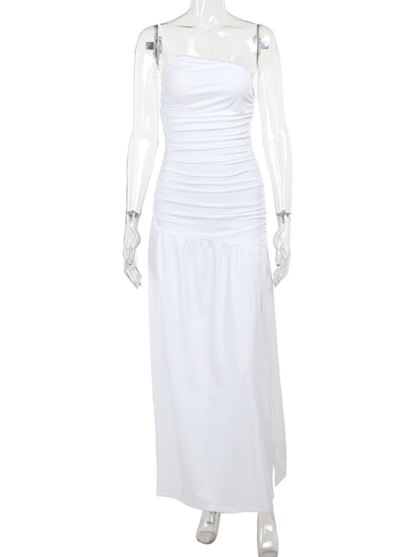 Maleah Strapless Off-Shoulder Gathered Slit A-Line Dress