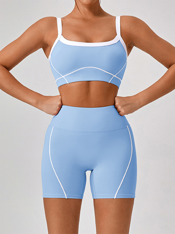 Yamileth Skinny Outdoor Sports Spaghetti Strap Contrast Color Suspender Bra + Shorts Yoga Suit