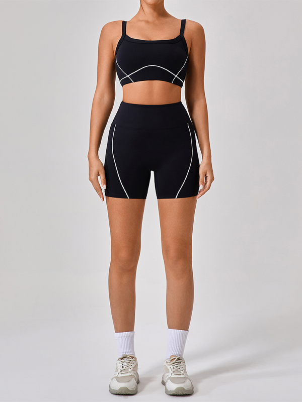 Yamileth Skinny Outdoor Sports Spaghetti Strap Contrast Color Suspender Bra + Shorts Yoga Suit