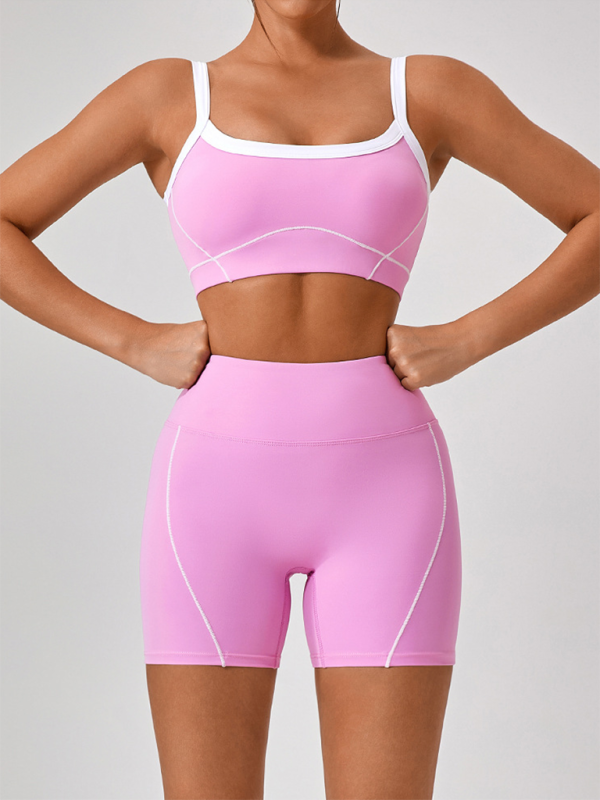 Yamileth Skinny Outdoor Sports Spaghetti Strap Contrast Color Suspender Bra + Shorts Yoga Suit