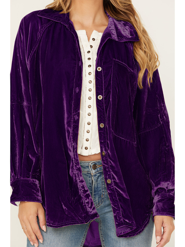 Davida Golden Velvet Oversize Long Sleeve Loose Shirt Jacket