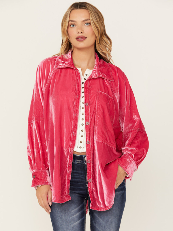 Davida Golden Velvet Oversize Long Sleeve Loose Shirt Jacket