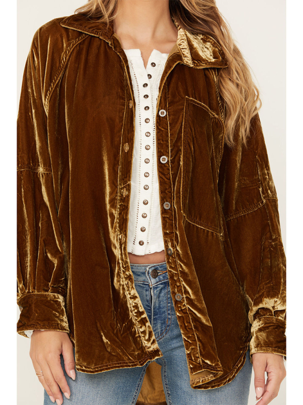Davida Golden Velvet Oversize Long Sleeve Loose Shirt Jacket