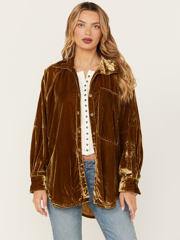 Davida Golden Velvet Oversize Long Sleeve Loose Shirt Jacket