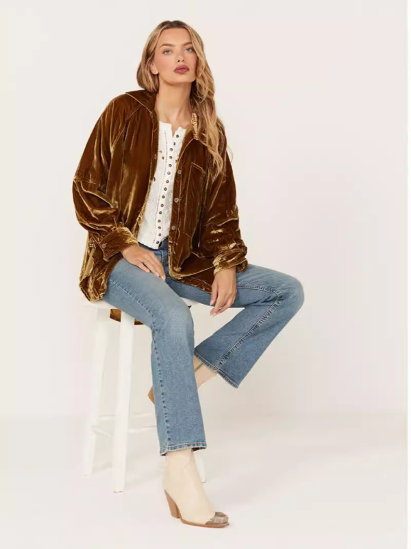 Davida Golden Velvet Oversize Long Sleeve Loose Shirt Jacket