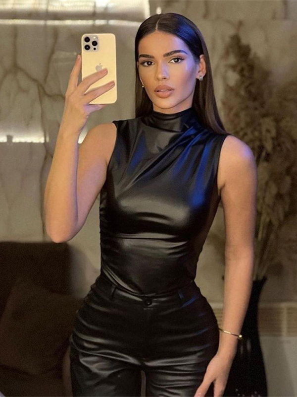 Rosanna New Leather Stacked Neck Personalized Waist Slant Hem Sleeveless Top