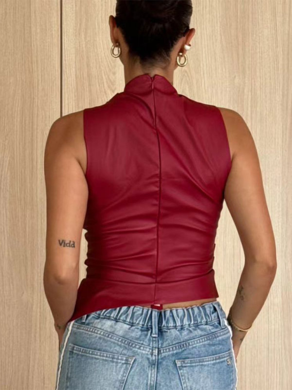 Rosanna New Leather Stacked Neck Personalized Waist Slant Hem Sleeveless Top