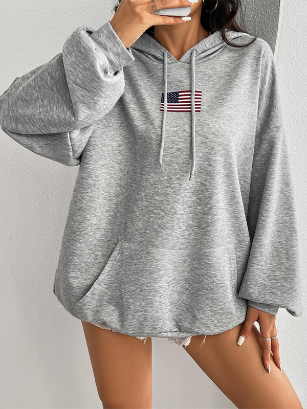 Macie Independence Day Flag Casual Loose Pocket Hooded Sweatshirt