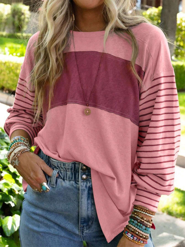 Seraphina New Pullover Round Neck Casual Striped Color Collision Long Sleeve T-Shirt