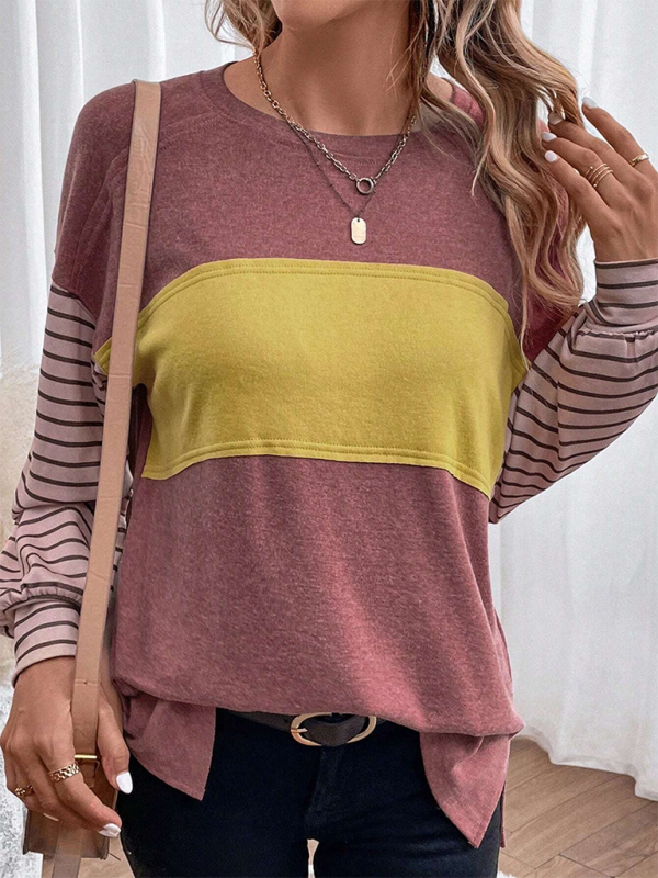 Seraphina New Pullover Round Neck Casual Striped Color Collision Long Sleeve T-Shirt