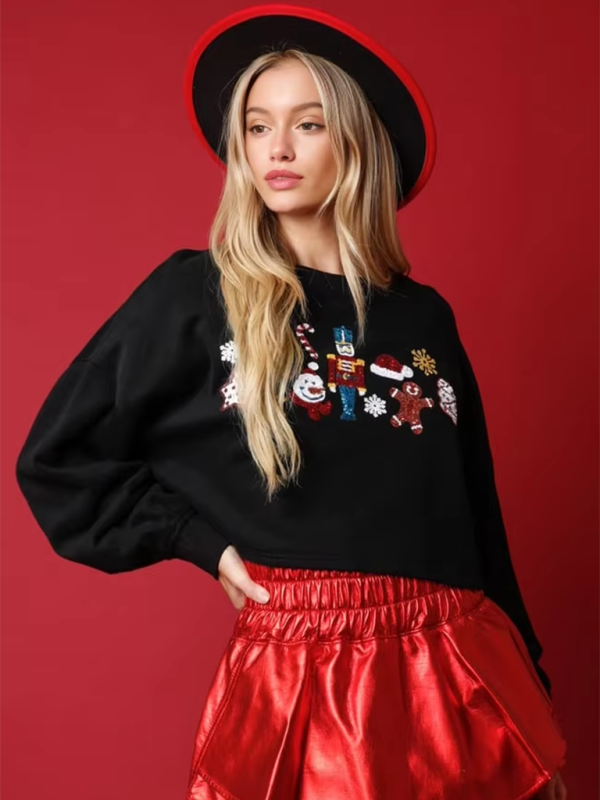 Christi Christmas Sequin Decoration Top Casual Long Sleeve Short Sweatshirt