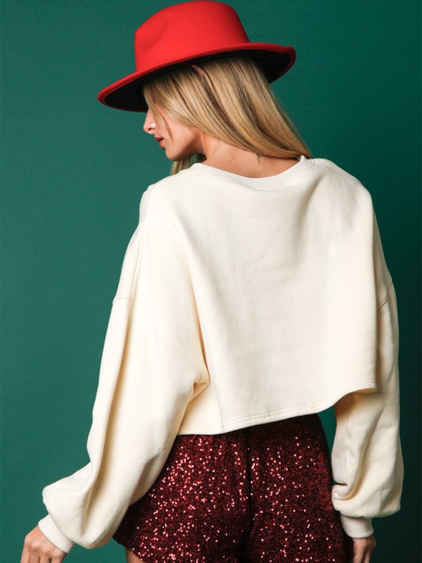 Christi Christmas Sequin Decoration Top Casual Long Sleeve Short Sweatshirt