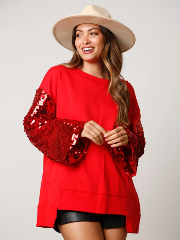 Elsa Christmas Sequin Sleeve Top Patchwork Long Sleeve Trendy Sweatshirt