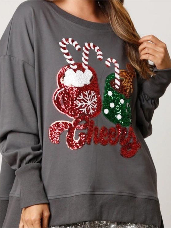 Bria Christmas Candy Cup Sequins Sweatshirt Casual Loose Top