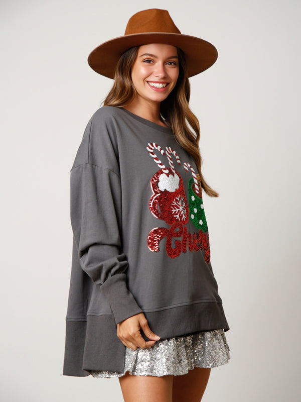 Bria Christmas Candy Cup Sequins Sweatshirt Casual Loose Top