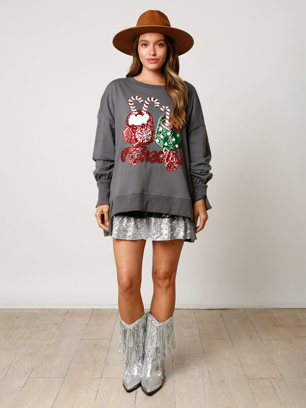 Bria Christmas Candy Cup Sequins Sweatshirt Casual Loose Top