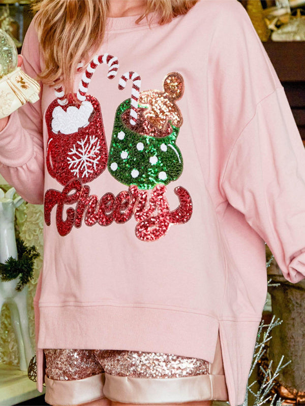 Bria Christmas Candy Cup Sequins Sweatshirt Casual Loose Top