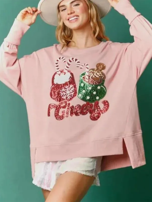 Bria Christmas Candy Cup Sequins Sweatshirt Casual Loose Top