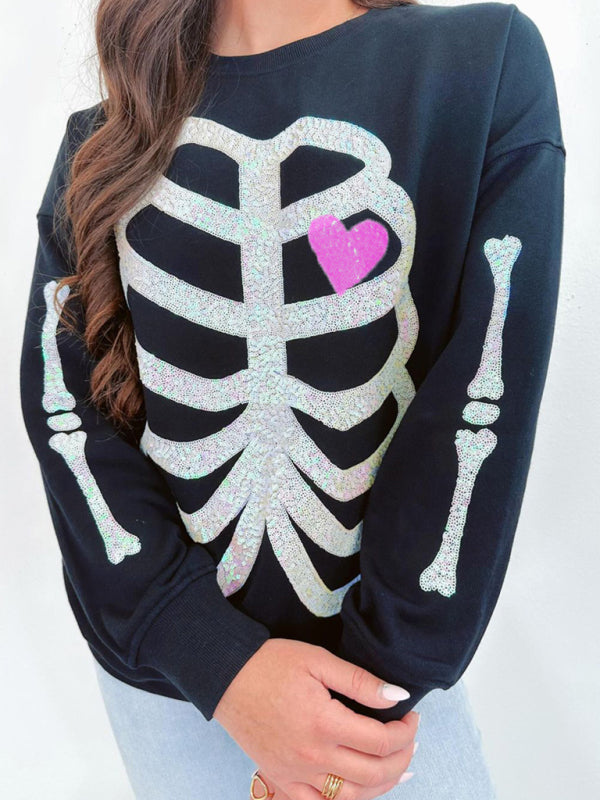 Jeanne Halloween Skeleton Man Sequin Top Long Sleeve Pullover Sweatshirt