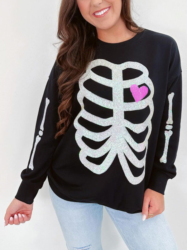 Jeanne Halloween Skeleton Man Sequin Top Long Sleeve Pullover Sweatshirt