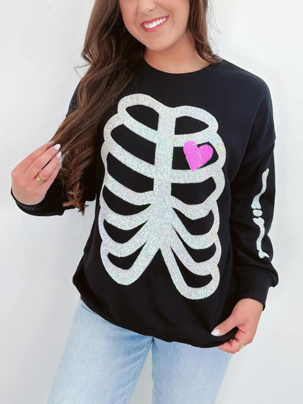 Jeanne Halloween Skeleton Man Sequin Top Long Sleeve Pullover Sweatshirt