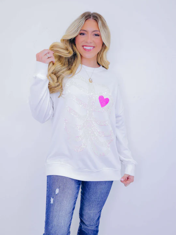 Jeanne Halloween Skeleton Man Sequin Top Long Sleeve Pullover Sweatshirt