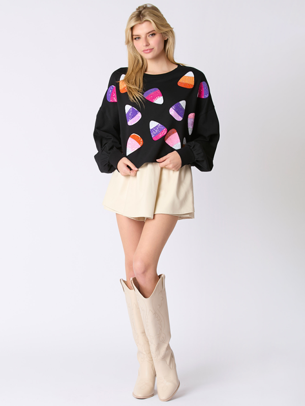 Tami Halloween Candy Sequins Long Sleeve Casual Pullover Sweatshirt