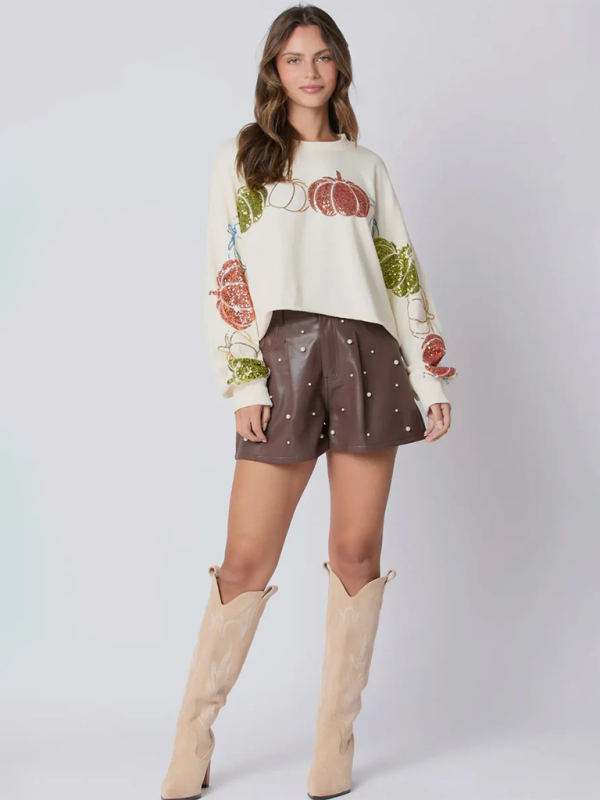 Madilyn Halloween Pumpkin Sequin Top Long Sleeve Pullover Sweatshirt