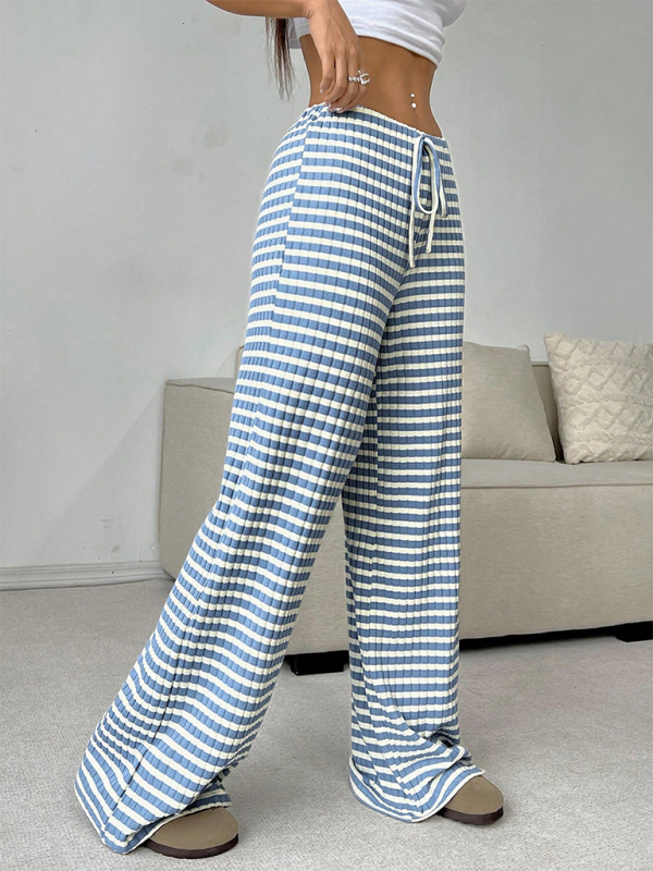 Ava Women's new casual striped solid color rubber band drawstring straight leg pants