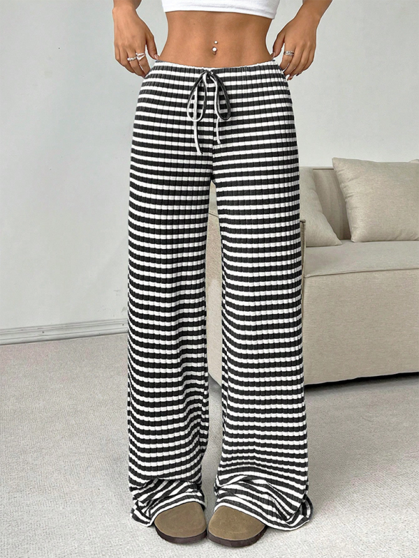 Ava Women's new casual striped solid color rubber band drawstring straight leg pants