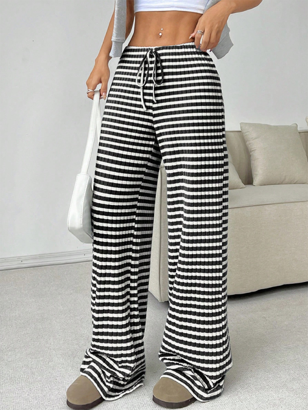 Ava Women's new casual striped solid color rubber band drawstring straight leg pants