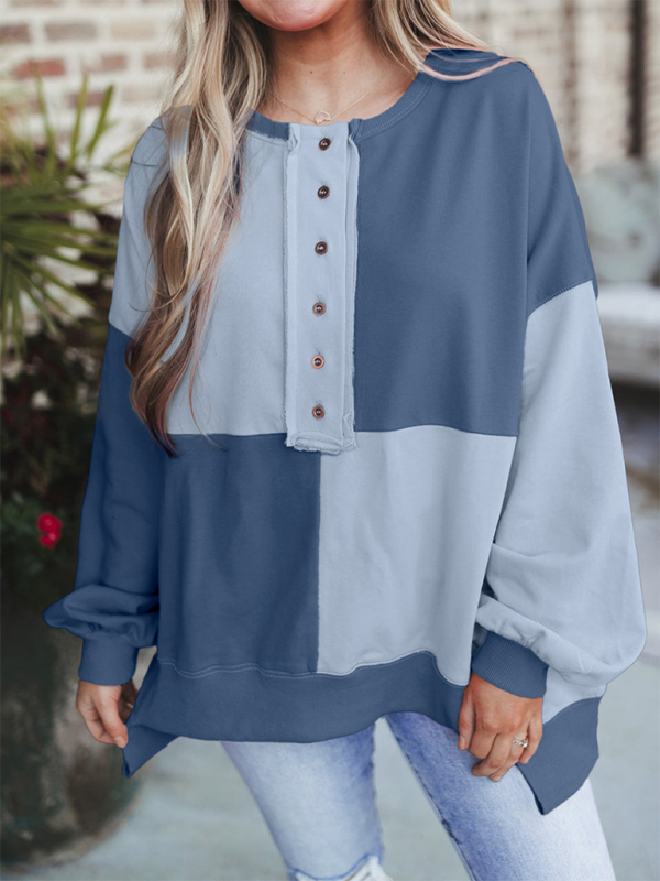 Terra Casual Patchwork Color Block Front Button Long Lapel Sweatshirt