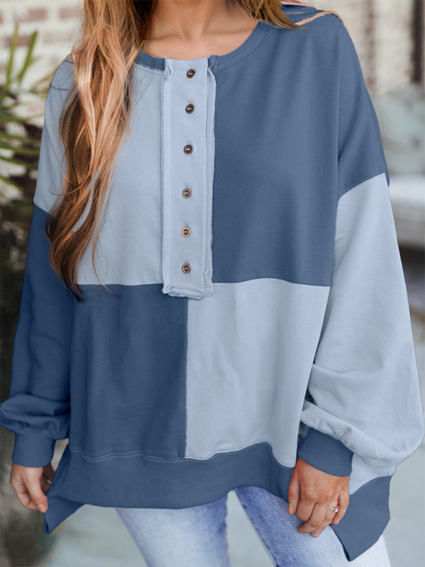 Terra Casual Patchwork Color Block Front Button Long Lapel Sweatshirt
