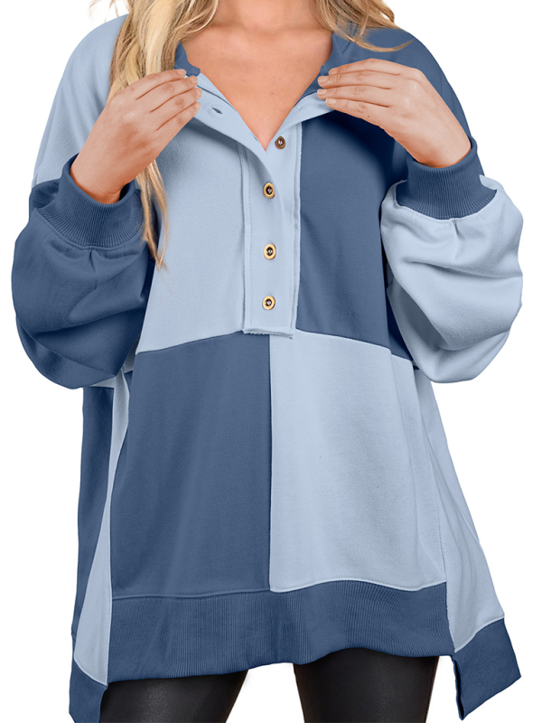 Terra Casual Patchwork Color Block Front Button Long Lapel Sweatshirt